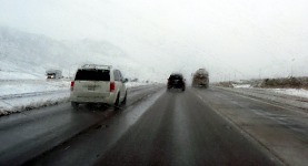 A blizzard in the desert between Las Vegas, Nevada, and Baker, California.