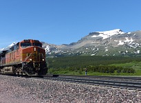 A BNSF train rolling east through Marias Pass, Montana.