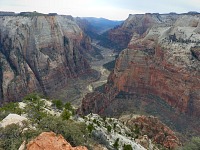A view from The Observation Point towards Angels Landing and The Organ.