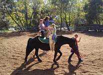 Up to three girls from one team may be up on a horse at a time.