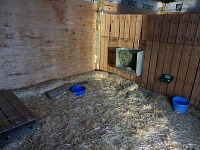 Shed is insulated, equipped with bedding, hay and water — ready for the goats.