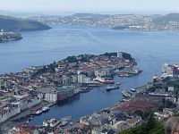 Bergen's Old Harbor from the viewing platform at Fløyen. One of the giant cruise ships can be seen.