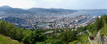 Fløyen's panorama of Bergen with Redhette (Red Head) funicular wagon.